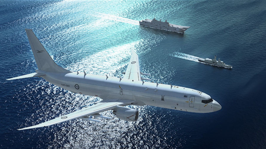 Recreación de un avión de patrulla marítima P-8A Poseidon australiano sobrevolando un buque LHD del país. Imagen Boeing