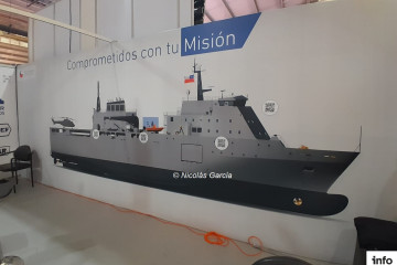 Render del primer buque multipropósito del proyecto Escotillón IV Fase I en el stand de Asmar en Fidae 2024 Firma Nicolás García