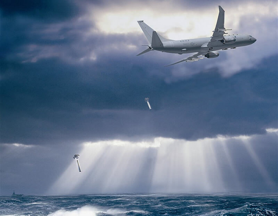 Recreación artística de un avión de patrulla P-8A lanzando una sonoboya de Sparton. Imagen Elbit Sytems