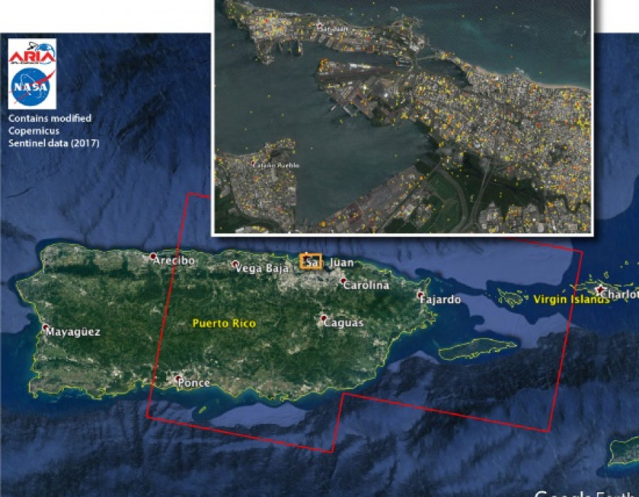 Mapa satelital de daños de la NASA tras el Huracán María. Foto: NASA.
