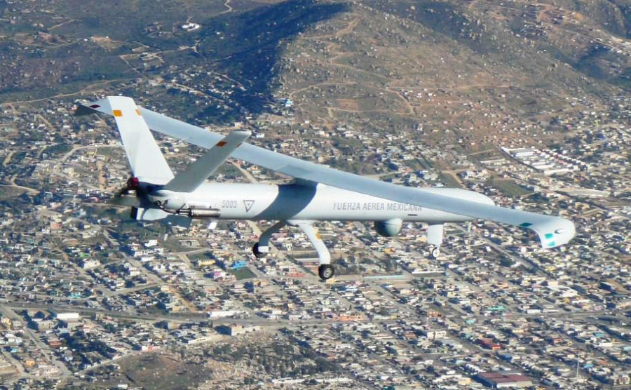 Vehículo aéreo no tripulado Hermes 450 de la Fuerza Aérea Mexicana. Imagen Fuerza Aérea Mexicana