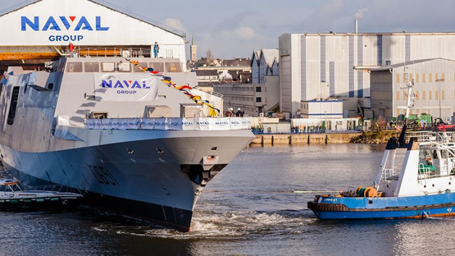 Botadura de un buque militar en astilleros de Naval Group. Foto: Naval Group