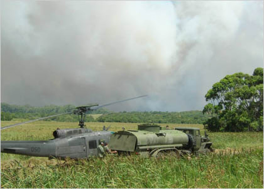 Camión cisterna abasteciendo de combustible a un helicóptero UH-1H de la FAU. Foto: Fuerza Aérea Uruguaya.