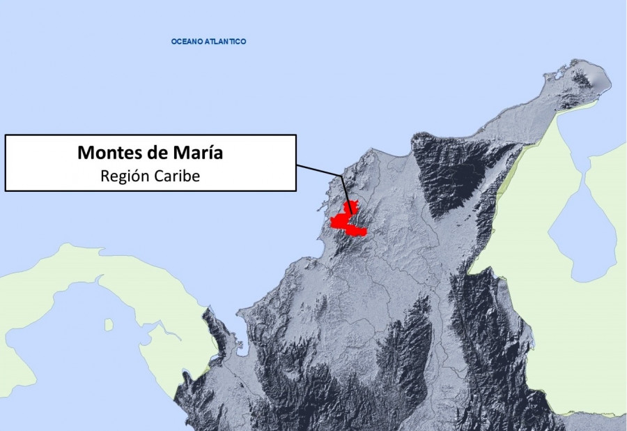 Ubicación de Los Montes de María en el mapa colombiano.