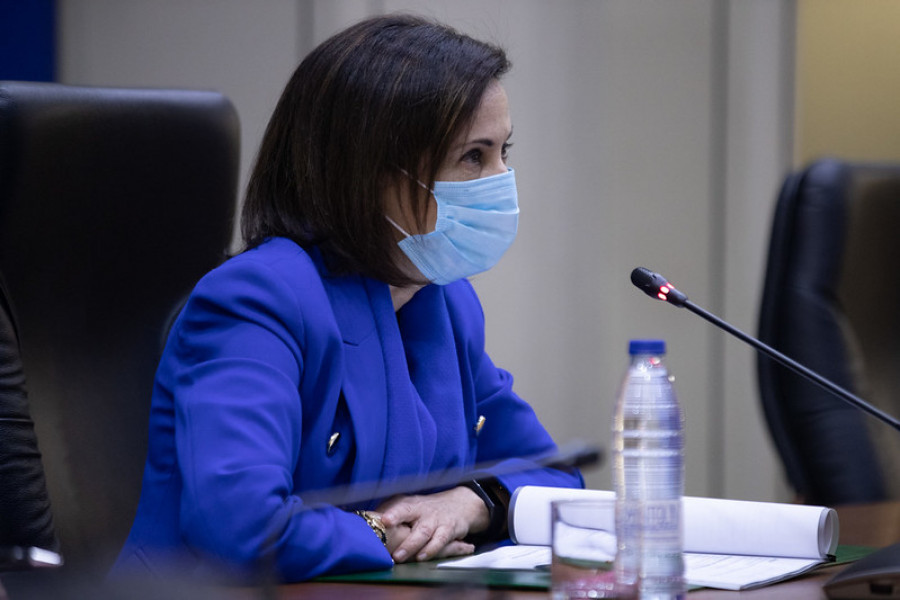 La ministra de Defensa, Margarita Robles, en una reciente videoconferencia con la misión en el Líbano. Foto: Defensa