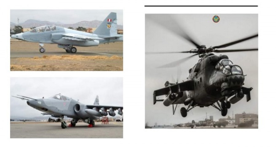 El Su-25 y Mi-25 de la Fuerza Aérea del Perú. Foto: Ministerio de Defensa del Perú