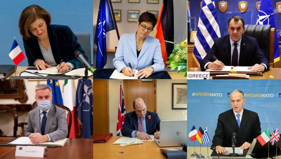 Los cinco ministros y el secretario general adjunto de la OTAN durante la firma virtual del proyecto de helicópteros. Imagen: OTAN