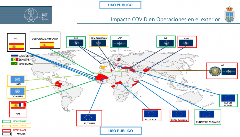 Mapa de los efectos del coronavirus en las misiones de las FAS en el exterior. Foto: MOPS