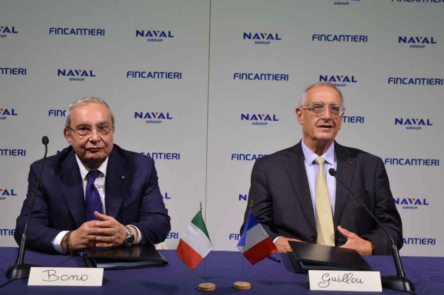 Giuseppe Bono y Hervé Guillou durante la presentación de Naviris. Foto: Naval Group y Fincantieri