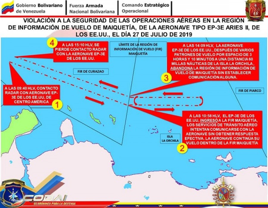 Operaciones de detección del avión EP-3E de la US Navy, el 27 de julio. Foto: Comando Estratégico Operacional de la Fuerza Armada Nacional.