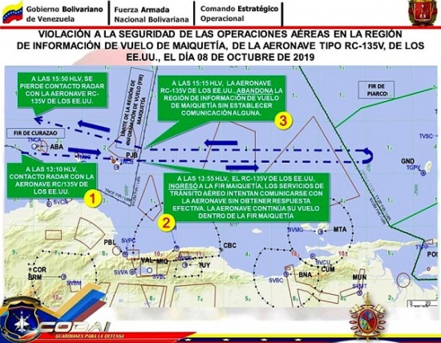 Detección del avión RC-135V de la USAF por los radares venezolanos, el 8 de octubre. Foto: Comando de Defensa Aeroespacial Integral.