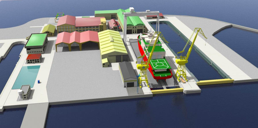 Imagen virtual de la grada de construcción de Asmar Talcahuano con la nueva infraestructura. Imagen: Asmar