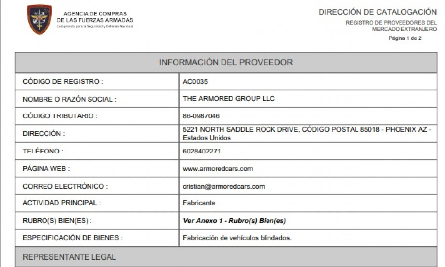Ficha de registro de una de las empresas ante la Acffaa. Foto: Agencia de Compras de las Fuerzas Armadas