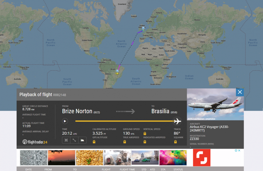 El viaje del MRTT comenzó en Brize Norton y terminó en Brasilia Flight Radar