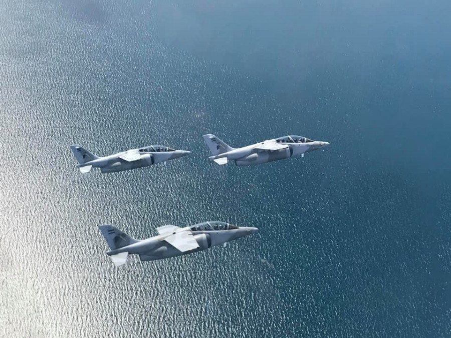 Los Pampa III en pleno vuelo durante el Ejercicio Soberanía 2019. Foto: Fuerza Aérea Argentina