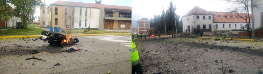 Vehículo luego de la explosión y panorámica del sitio de los hechos.