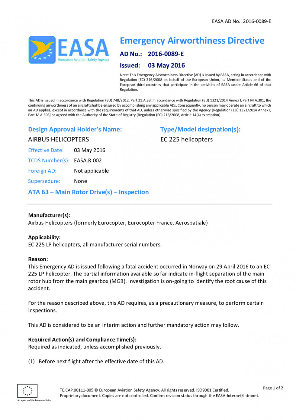 160506 directiva aeronavegabilidad emergencia EASA helicoptero ec225