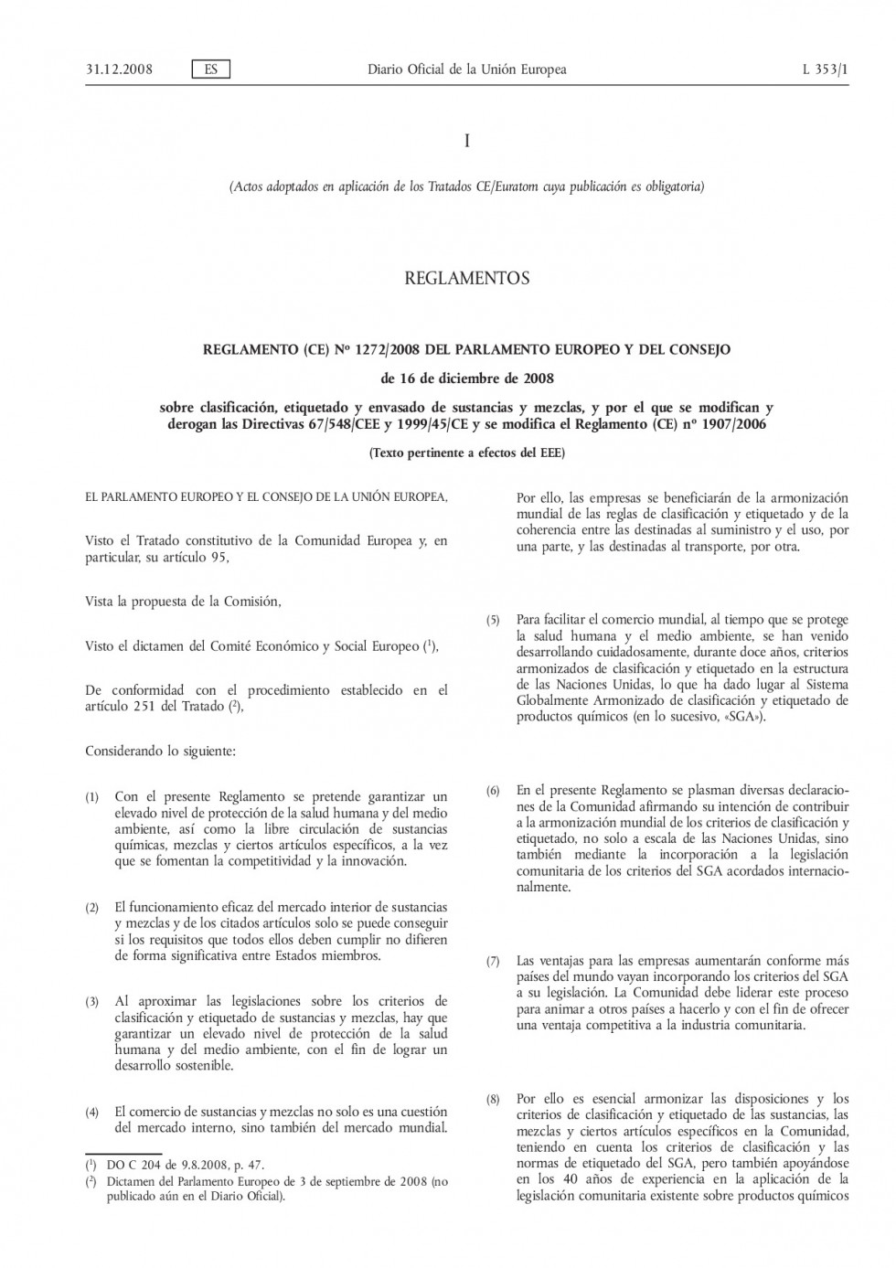 ReglamentoCE1272 2008 de 16 diciembre