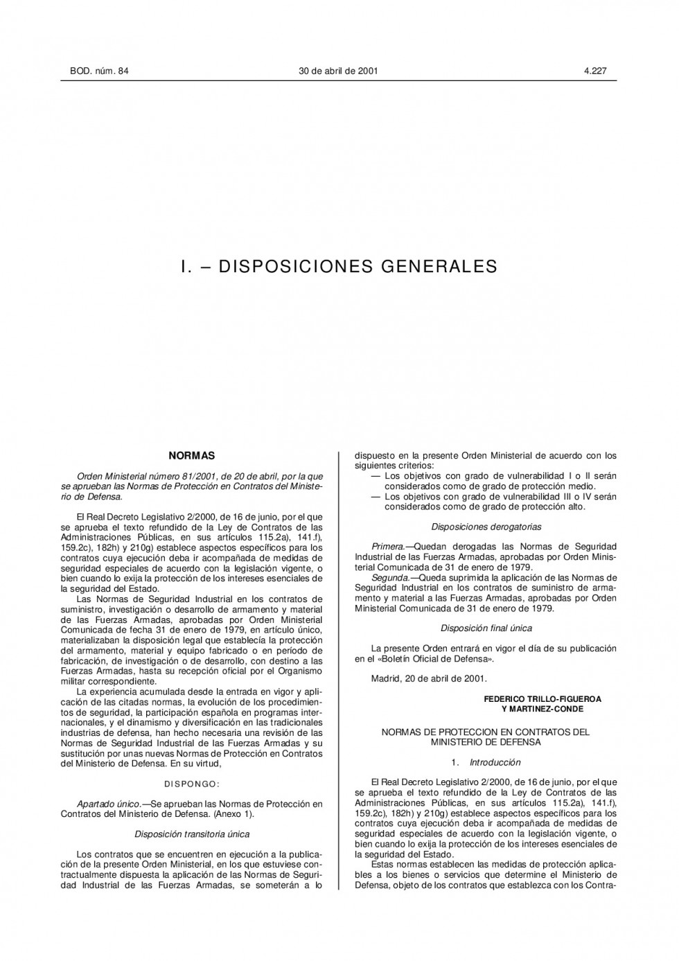 OM812001 de 20abril Normas proteccion en contratos del MINISDEF