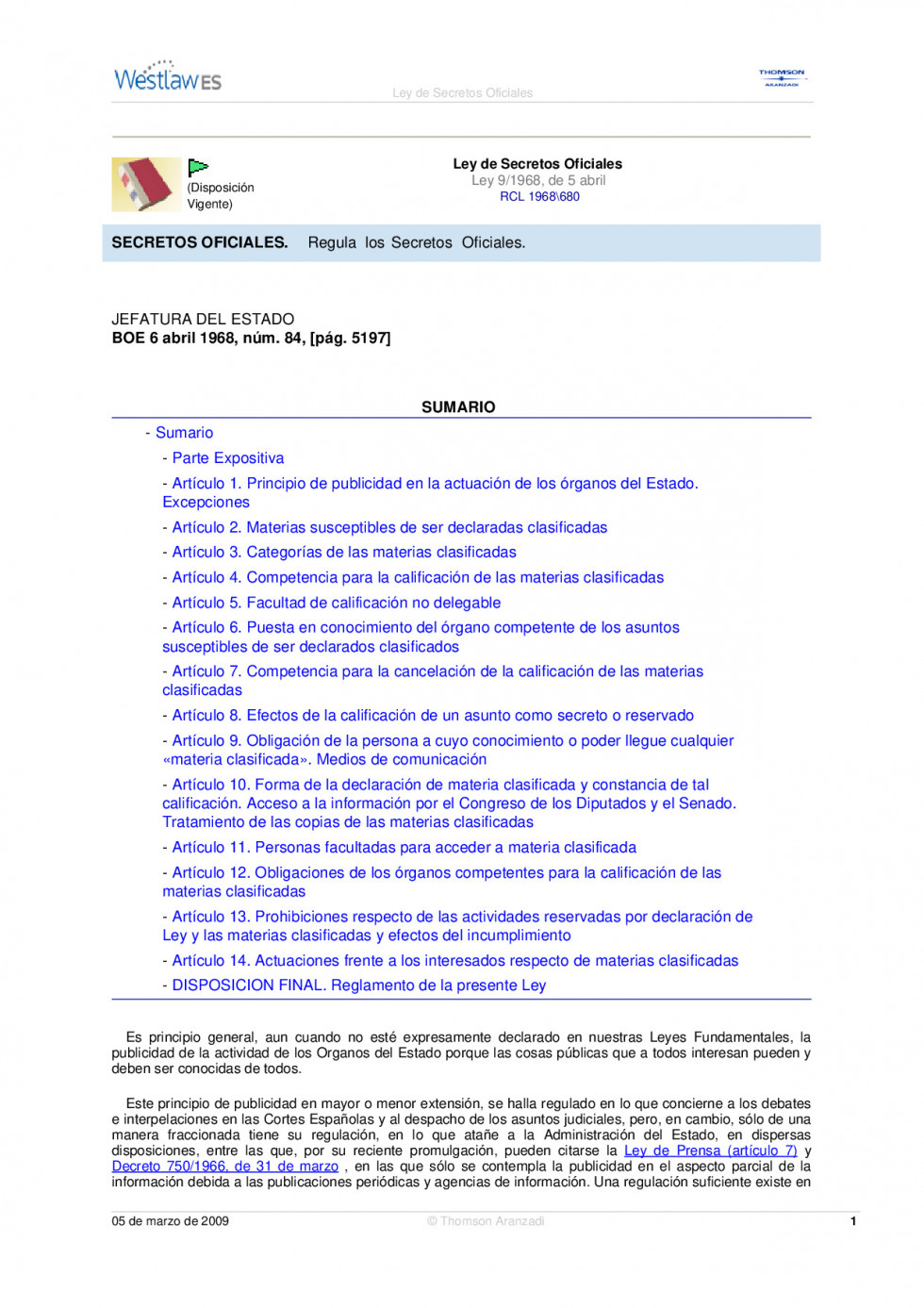 LEY 91968 de 05abril Regula los secretos oficiales