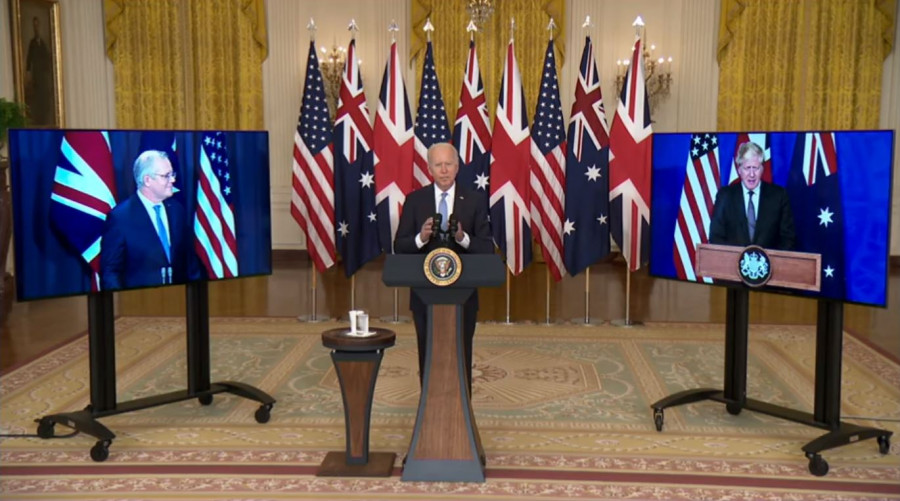 El presidente Biden interviene en una videoconferenica con Morrison y Johnson para anunciar el programa australiano: Foto: POTUS  Twitter