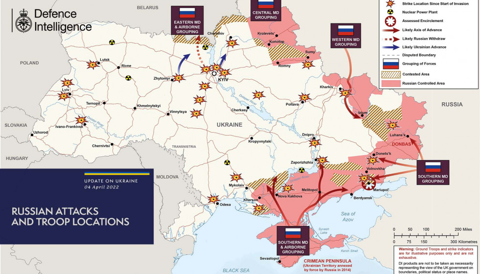 Mapa de situación de la guerra en Ucrania a 4 de abril de 2022. Imagen Inteligencia de Defensa de Reino Unido