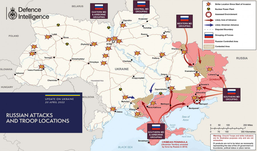 Situación en la guerra de Ucrania a 20 de abril. Mapa Ministerio de Defensa de Reino Unido