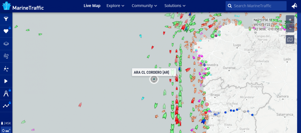 Captura localizaciu00f3n satelital  OPV ARA Cordero Marine traffic 12 05 21