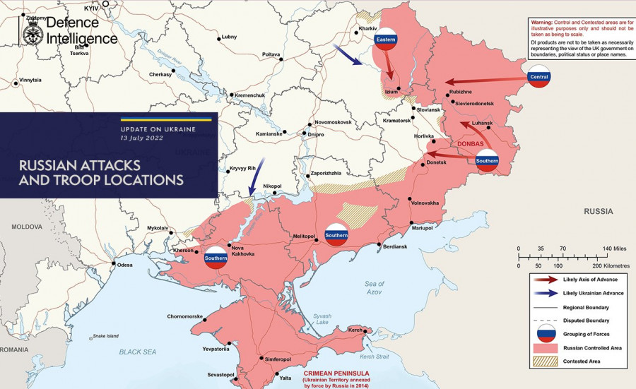 Situación militar de la guerra en Ucrania este martes, 13 de julio. Imagen Inteligencia militar británica