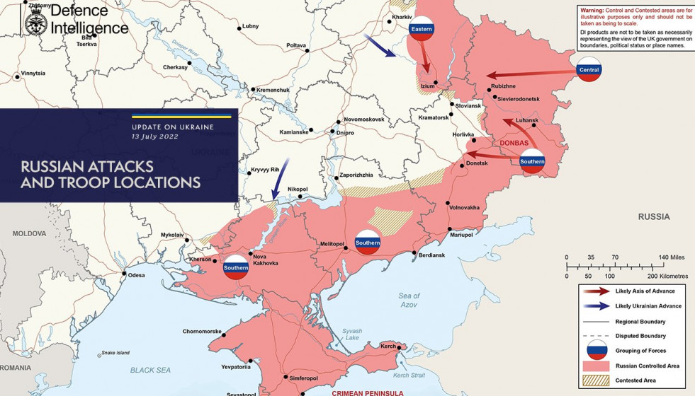 Situación militar de la guerra en Ucrania este martes, 13 de julio. Imagen Inteligencia militar británica
