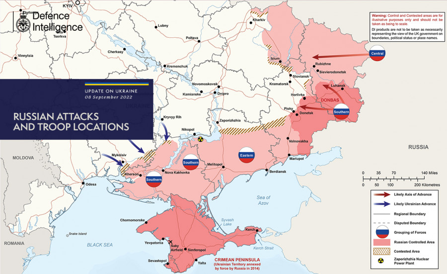 Situación en la guerra de Ucrania a 8 de septiembre. Mapa Ministerio de Defensa de Reino Unido