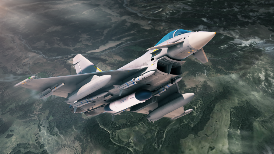 Recreación de un avión de combate Eurofighter dotado de un equipo de guerra electrónica Sky Shield. Imagen Rafael