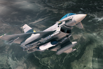 Recreación de un avión de combate Eurofighter dotado de un equipo de guerra electrónica Sky Shield. Imagen Rafael