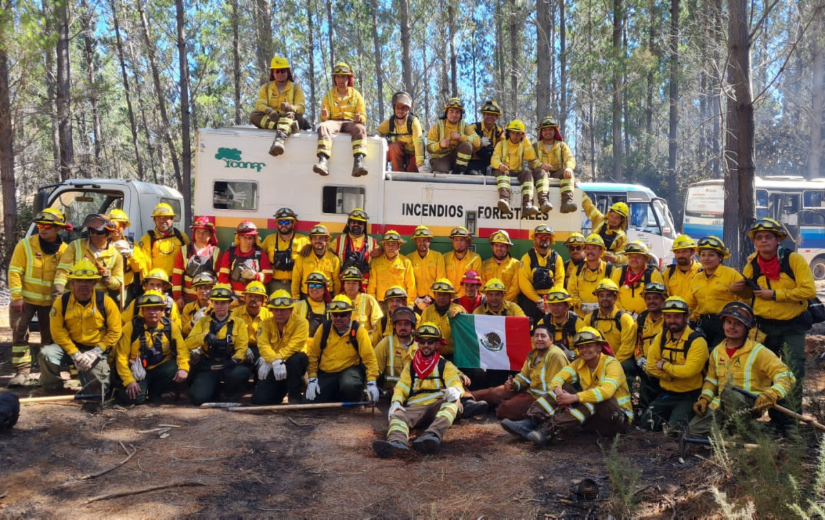 Brigadistas mexicanos y chilenos en combate de incendios forestales en la comuna de Angol en la Regiu00f3n de La Araucanu00eda Foto Conaf