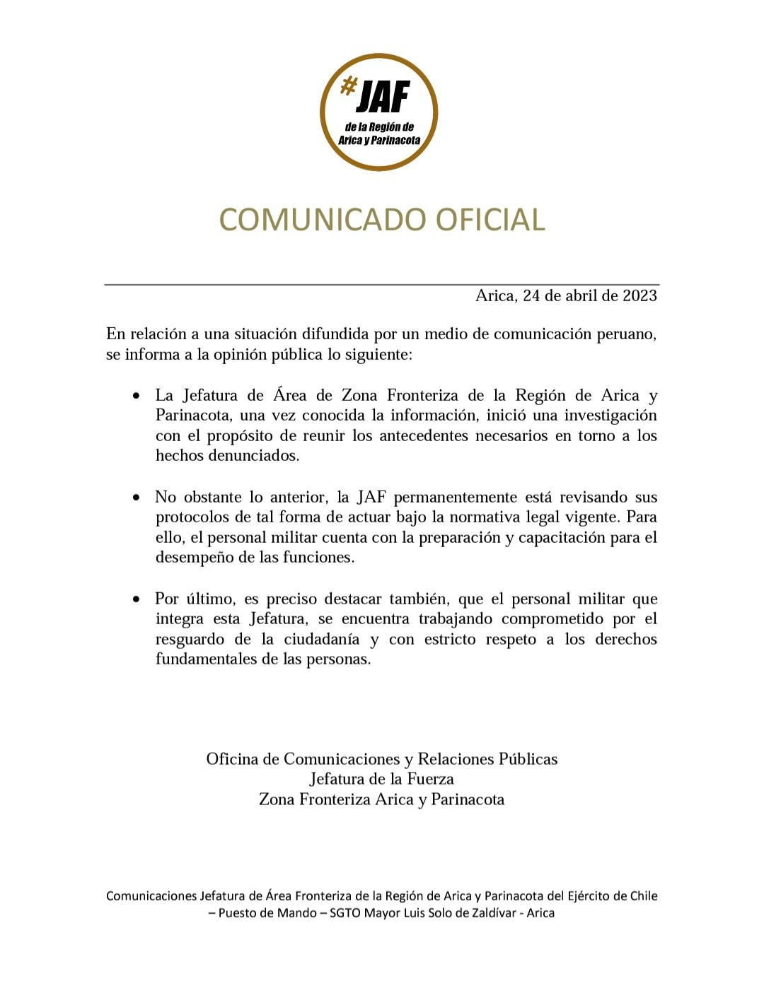 Comunicado oficial Imagen JAF Arica y Parinacota