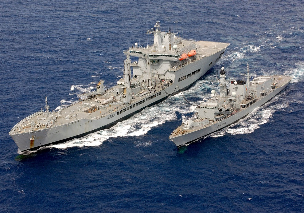 The Portsmouth based Type 23 Frigate, HMS Iron Duke carrying out Replenishment at Sea (RAS) with RFA Wave Ruler, whilst carrying out the duties of the Atlantic Patrol Task (North) ATP (