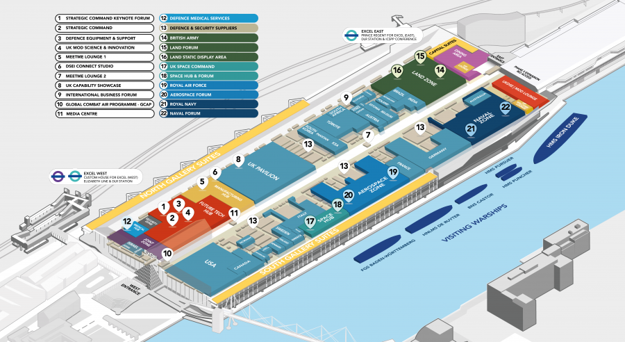 Plano de la feria londinense de defensa y seguridad DSEI 2023. Imagen. DSEI