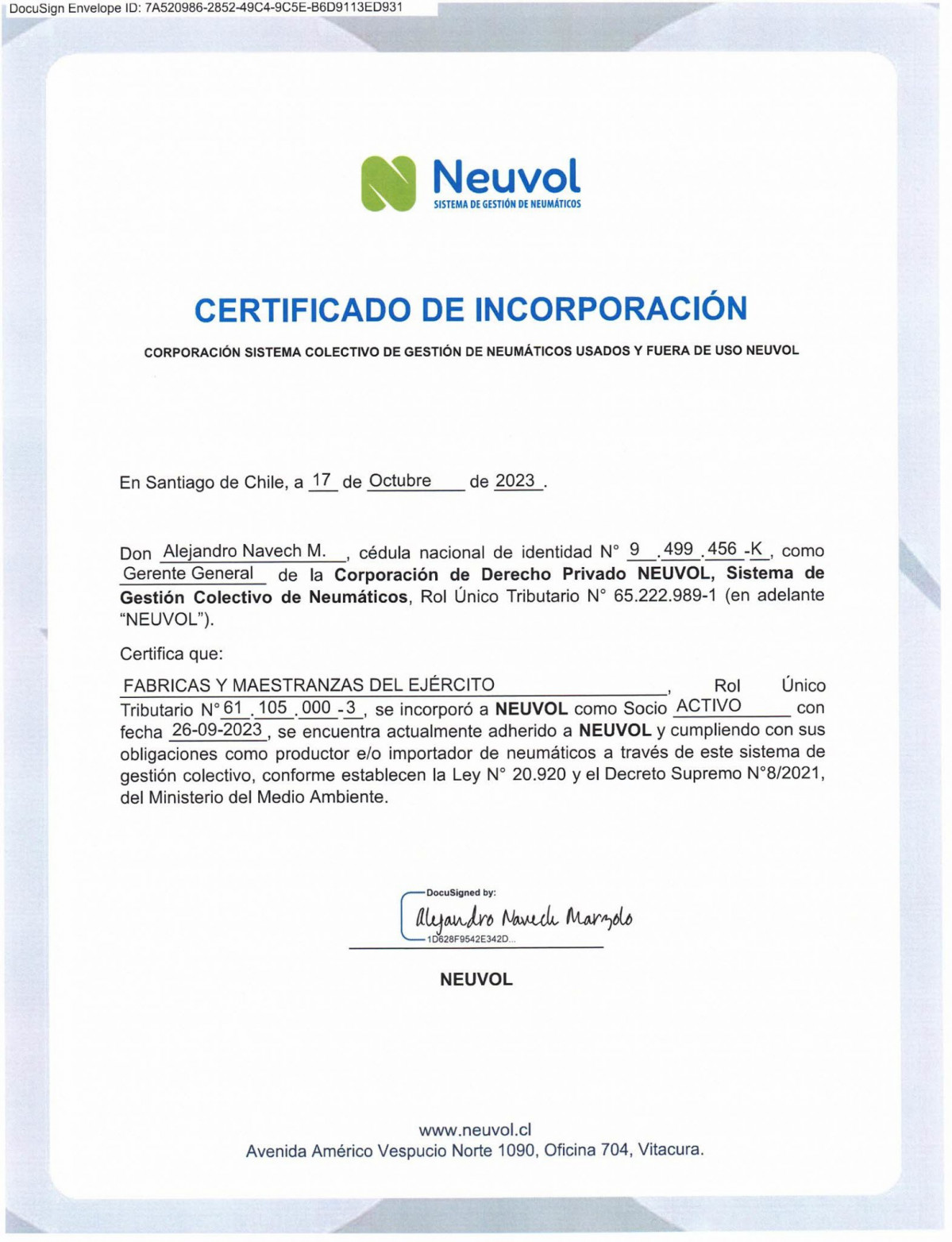 Certificado de incorporaciu00f3n de Famae como socio al sistema de gestiu00f3n de recolecciu00f3n de residuos de la Ley REP Firma Famae