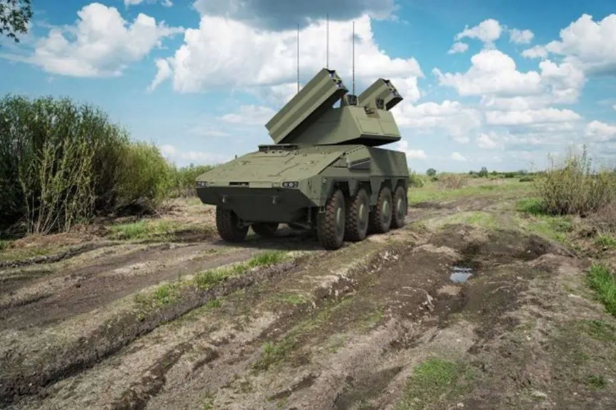 Aspecto de un blindado Boxer equipado con el sistema de defensa aérea IRIS T. Imagen. Rheinmetall