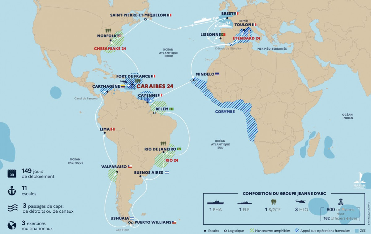 Infografía del itinerario de la mision Jeanne DArc 2024 Firma Marina Nacional de Francia