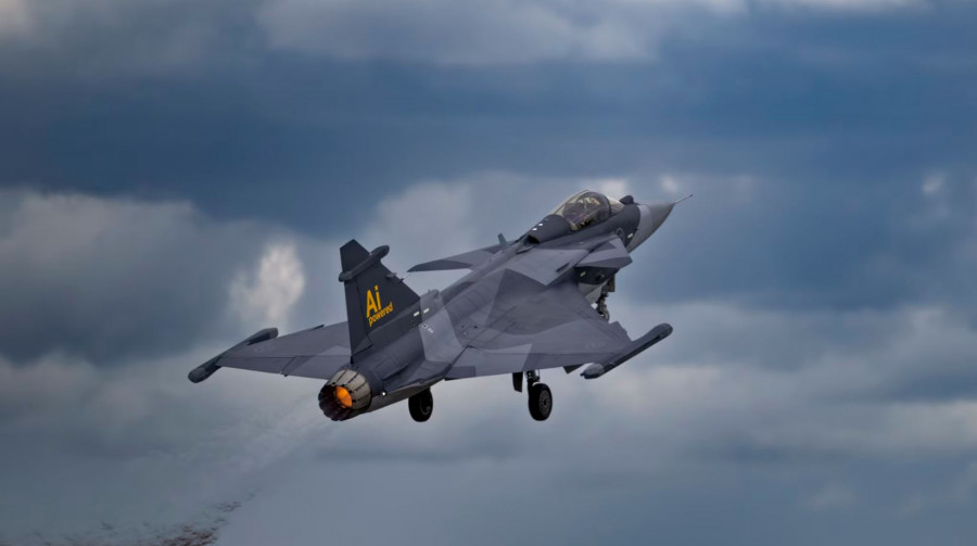 Avión de combate Gripen E durante un ensayo de integración de inteligencia artificial para mejorar sus capacidades. Foto. Saab