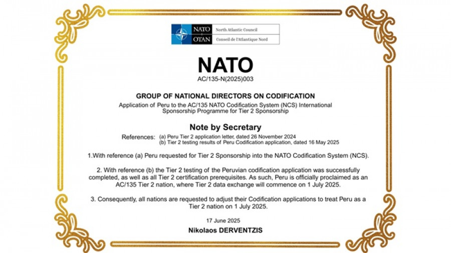 CertificadoPeru PaisNivel2 SistemaCatalogacionOTAN 17jun2025 ACFFAAPeru 700px