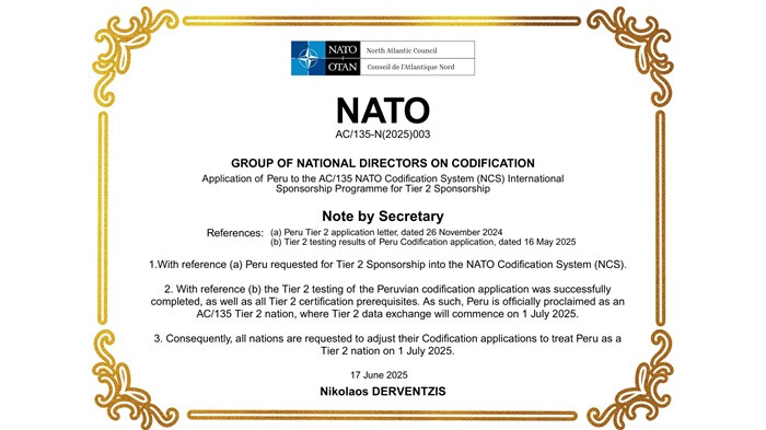 CertificadoPeru PaisNivel2 SistemaCatalogacionOTAN 17jun2025 ACFFAAPeru 700px