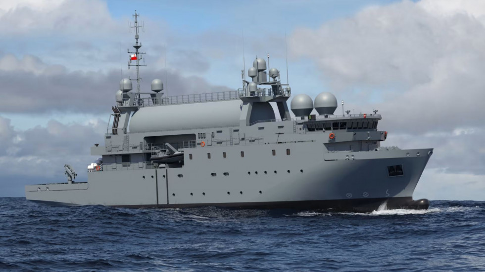 Aspecto del futuro buque Sigint polaco ORP Jerzy Rózycki, de la clase Delfin. Imagen. Saab