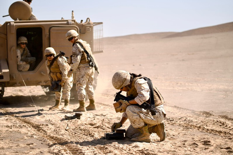 Soldados de Tropa Profesional de la Compañía de Ingenieros Mecanizada N°9 Zapadores en instrucción de técnicas de sembrado de minas. Firma Ejército de Chile 002